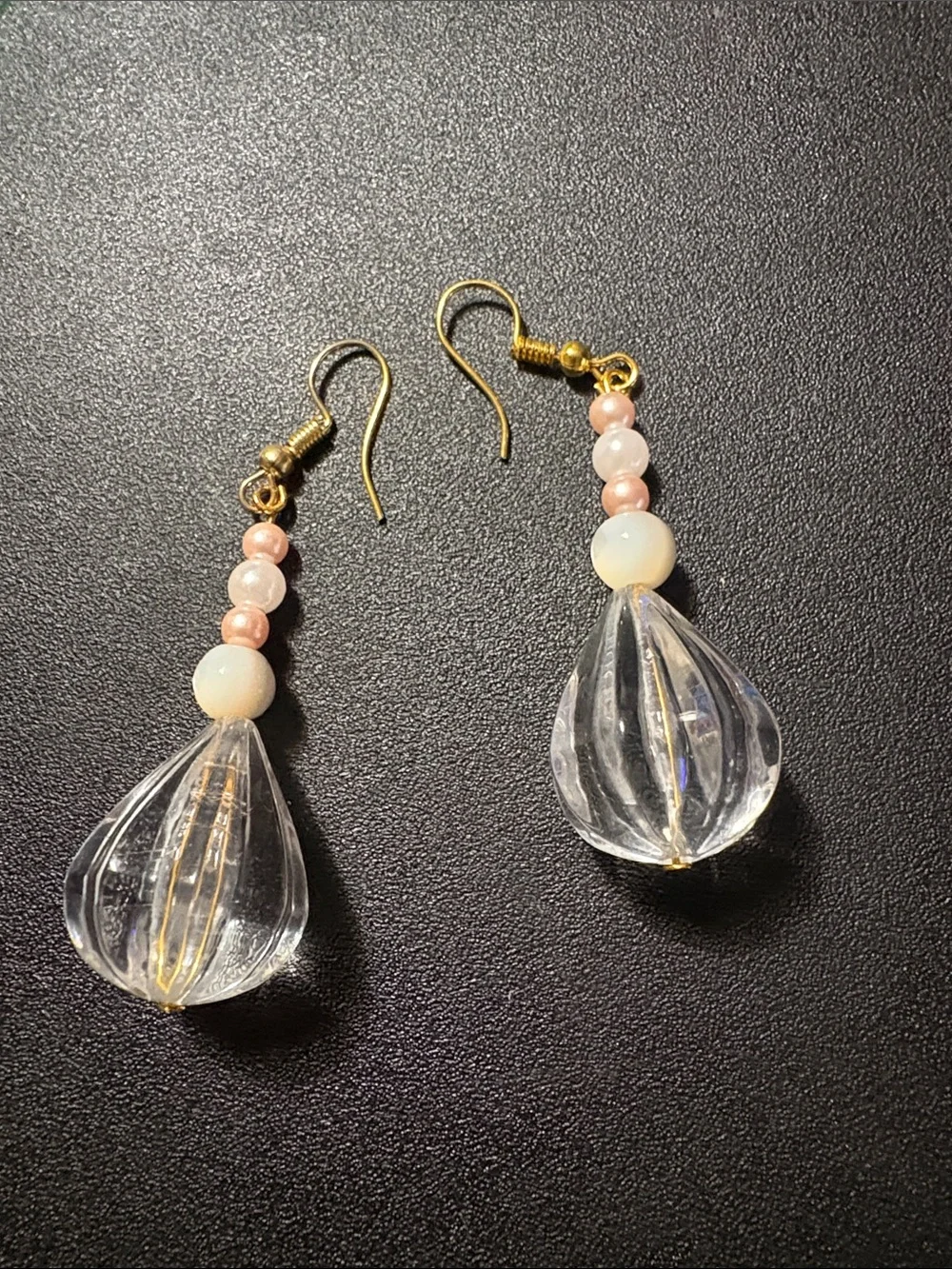 Clear Teardrop Glass Bead Dangle Earrings with Pink Accents
